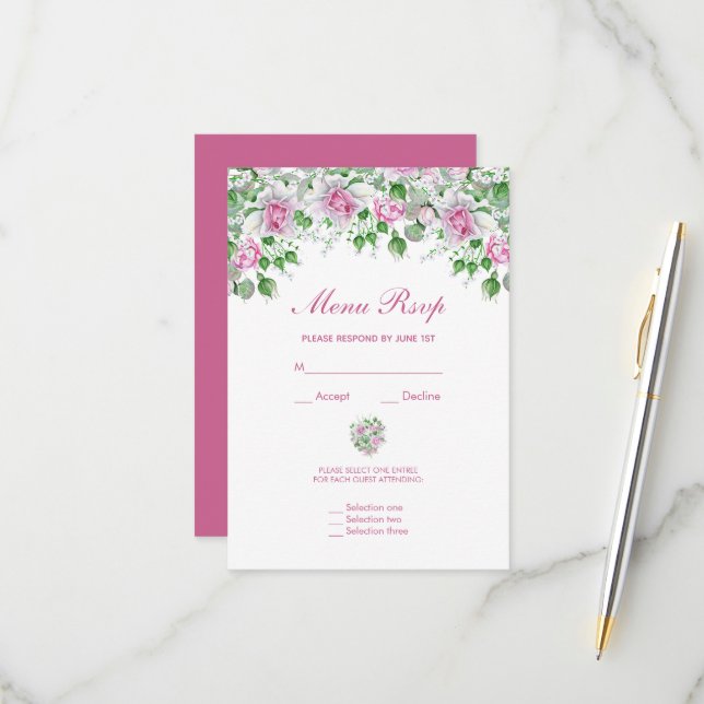Pink Romantic Rose Menu Mariage RSVP (Devant/Arrière en situation)