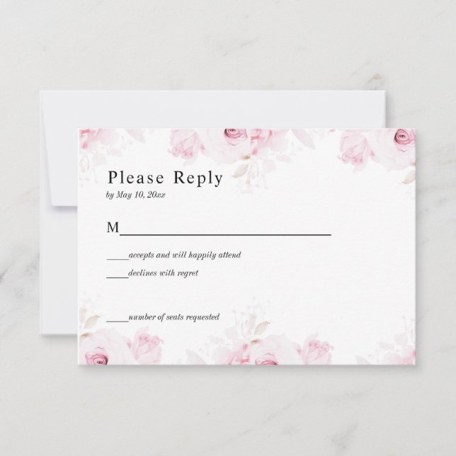 Pink Romantic Roses Elegant White RSVP Card (Devant)