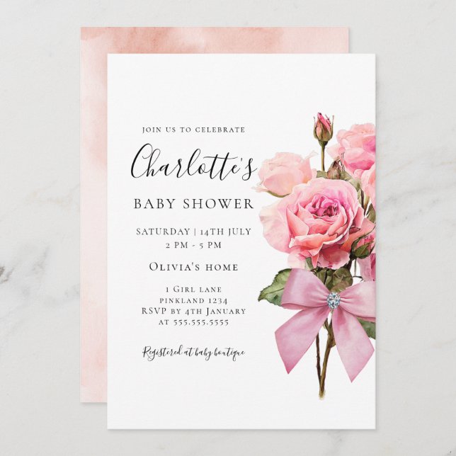 Pink Rose Diamond Bow Girl Baby Shower Invitation (Devant / Derrière)
