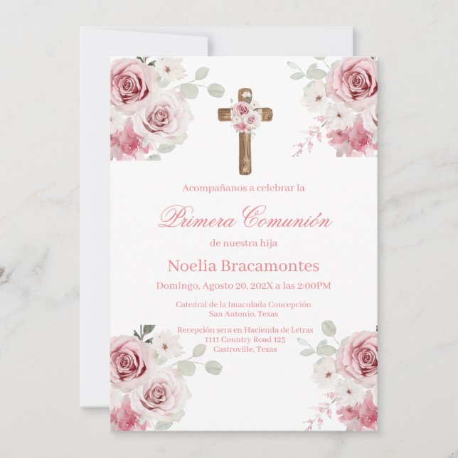 Pink rose first communion invitation in spanish  (Devant)