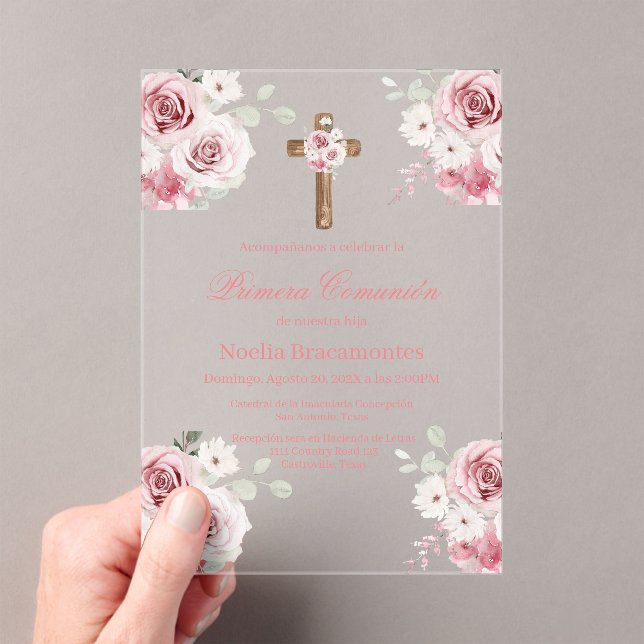 Pink rose first communion invitation in spanish  (In situ (ordinateur de poche))