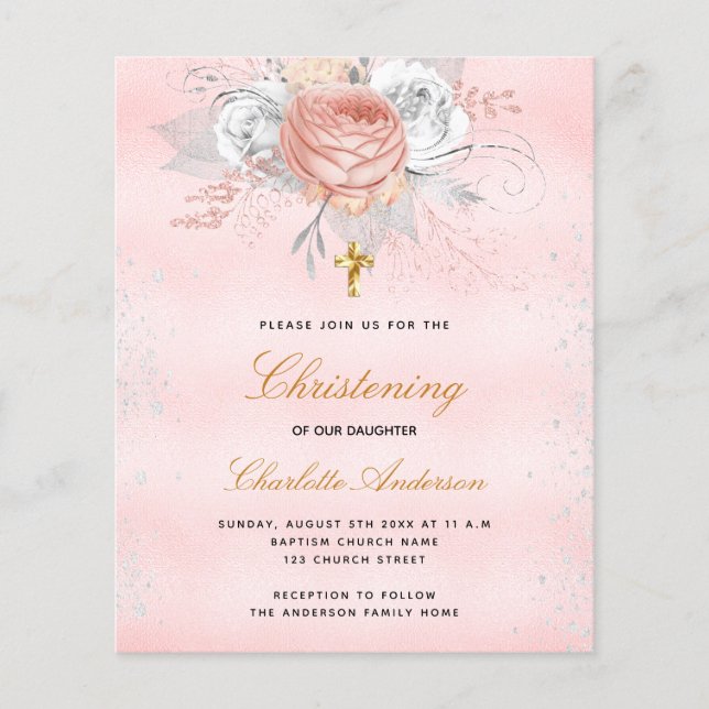 Pink rose floral budget l'invitation (Devant)