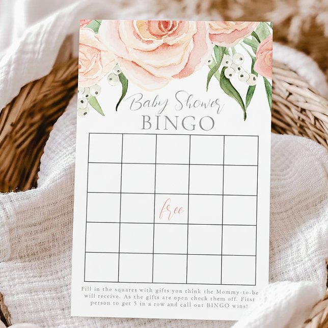 Pink Rose Floral Girl Baby Shower Bingo Game Card (Créateur téléchargé)