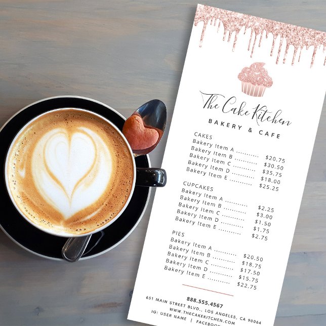 Pink Rose Gold Glitter Cupcake Bakery Dessert Menu (Créateur téléchargé)