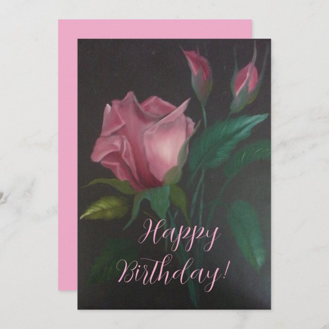 Pink Rose n Rosebuds Flat Greeting Card (Devant / Derrière)