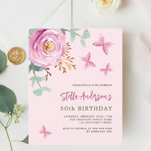 Pink rose papillon budget invitation anniversaire
