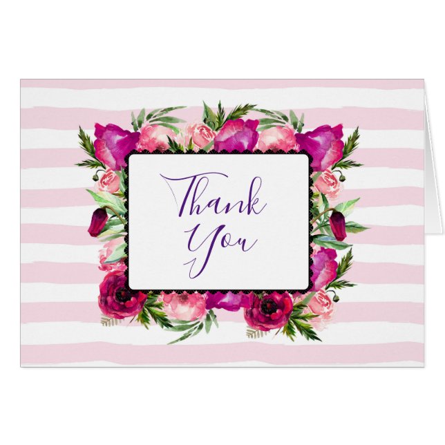 Pink Rose & Poppy Floral Bouquet Wedding Thanks (Devant horizontal)