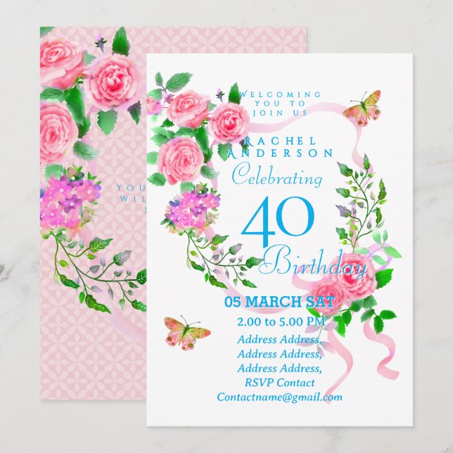 Pink Rose Ribbon 40th  Birthday Invitation (Devant / Derrière)