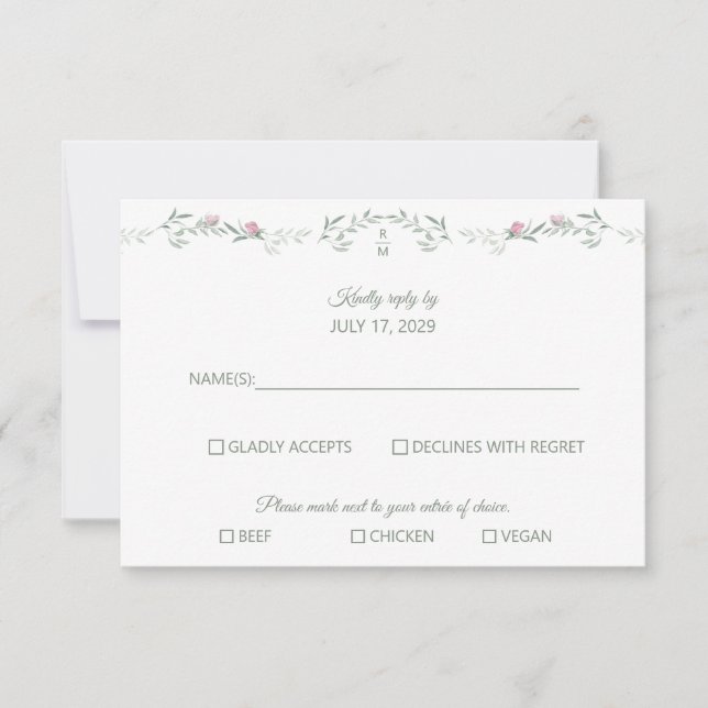 Pink Rose Vine and Monogram RSVP Response Card (Devant)