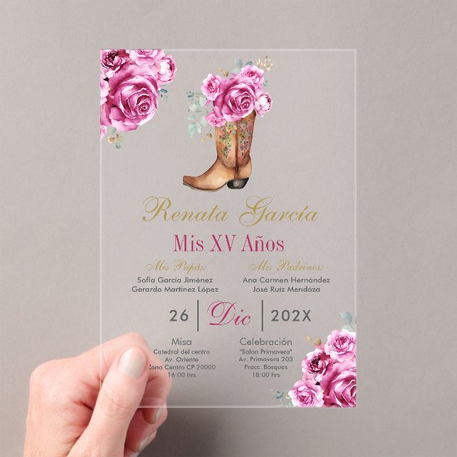 Pink rose with boot Quinceañera Invitation (In situ (ordinateur de poche))