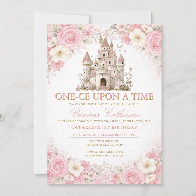 Pink Roses Castle Princess Birthday Invitation (Devant)