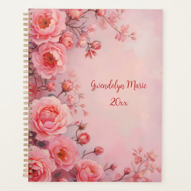 Pink Roses Floral Spiral-Bound Planner Botanical (Devant)