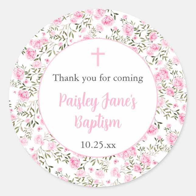 Pink Roses Girl baptism thank you sticker (Devant)