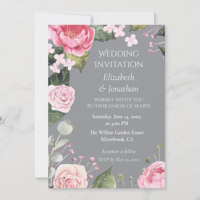 Pink Roses on Grey Customizable Wedding Invitation (Devant)
