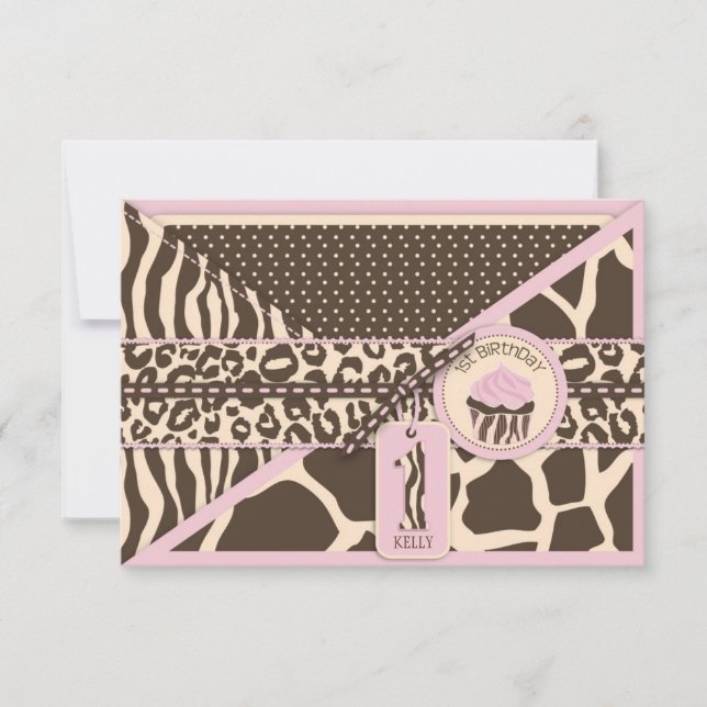 Pink Safari & Cupcake Premier anniversaire RSVP (Devant)