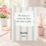 Pink sage green inspirational quote writing 2026<br><div class="desc">Blush pink and sage green stripes with a white brush stroke. Inspiratiional,  motivational Quote:  The future is written by those who dare to plan.  Personalize and add your name and a year.</div>