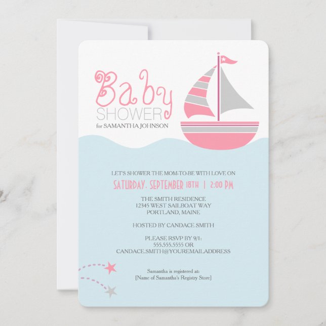 Pink Sailboat Nautical Girl Baby shower Invitation (Devant)