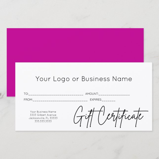 Pink Script Logo Certificat cadeau d'entreprise (Devant / Derrière)