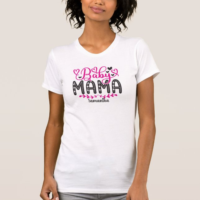 Pink Script Personnalisé Baby Mama T-Shirt (Devant)