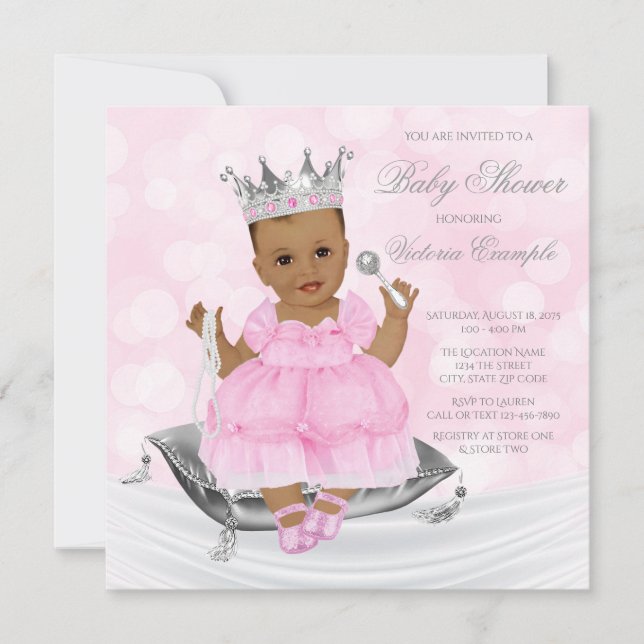 Pink Silver Ethnic Princess Baby shower Invitation (Devant)