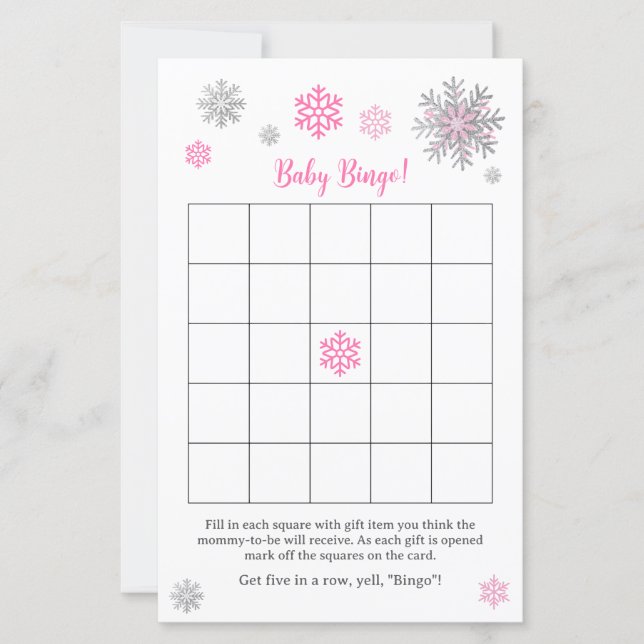 Pink Silver Snowflake Baby Shower Bingo Game  (Devant)