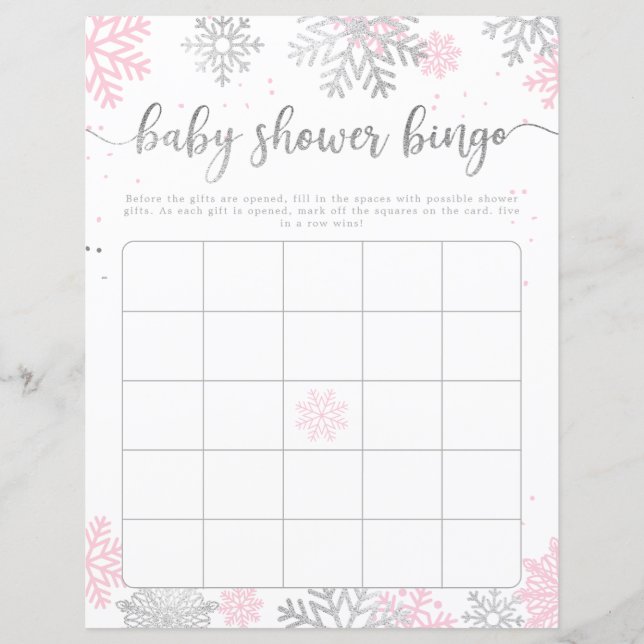 Pink Silver Snowflakes Baby shower Bingo Jeu (Devant)
