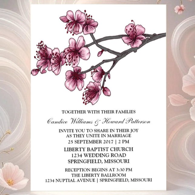 Pink Simple Cherry Blossoms Mariage Invitation (Pink Simple Cherry Blossom Wedding Invite)