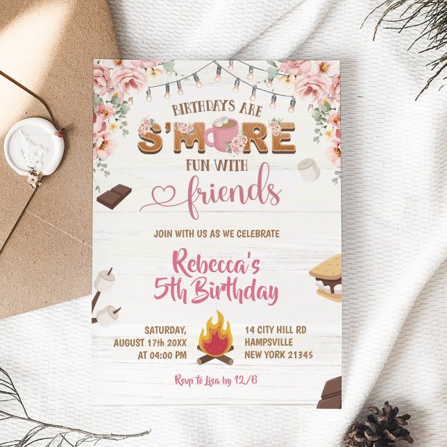 Pink S'more Fun Girl Anniversaire Invitation Anniv (Créateur téléchargé)