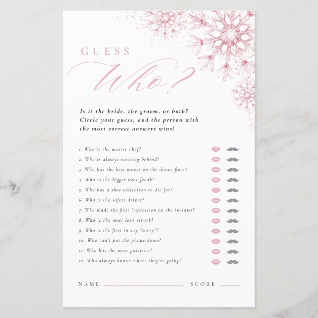 Pink Snow in Love Guess Who Bridal Shower Game (Devant)