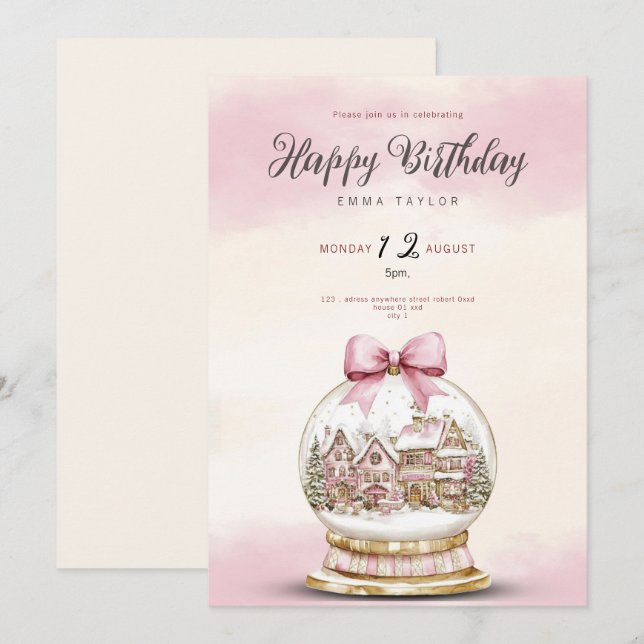  pink snowball birthday invitation (Devant / Derrière)