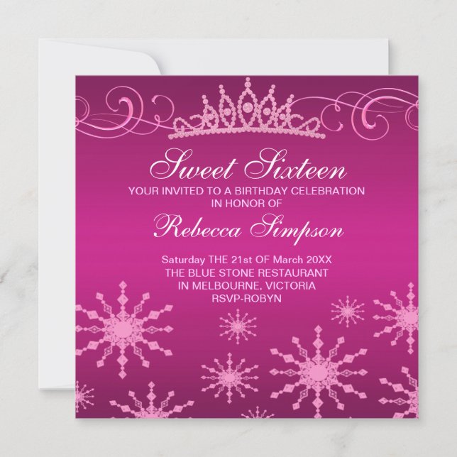 Pink Snowflake & Tiara Design Invitation Anniversa (Devant)