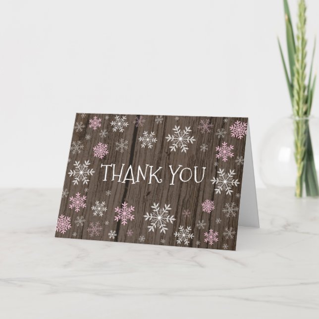 Pink Snowflakes Carte de remerciements en bois rus (Devant)