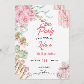 Pink Spa Party Invitation for Girl's 7th Birthday