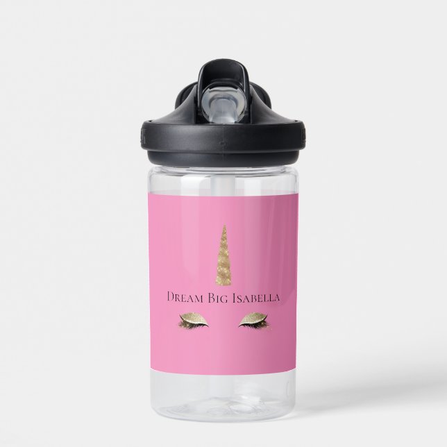 Pink Sparkle Gold Glam Unicorn Bouteille d'eau (Avant)