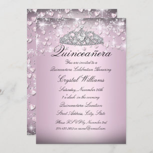Pink Sparkle Tiara & Hearts Quinceanera Invitation