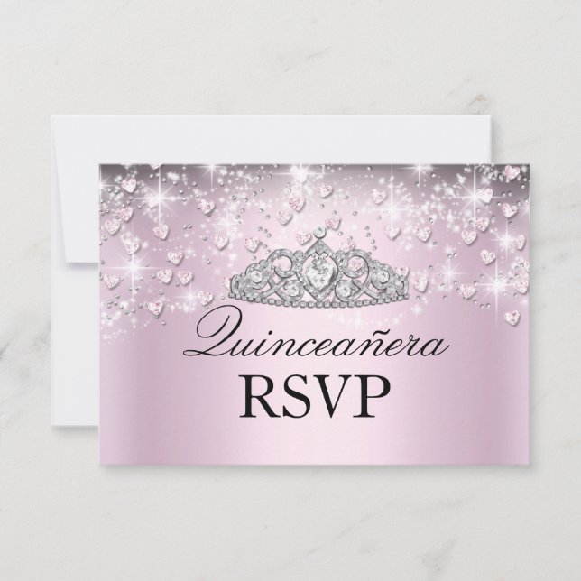 Pink Sparkle Tiara & Hearts Quinceanera RSVP (Devant)