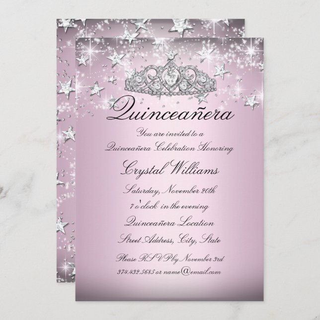 Pink Sparkle Tiara Stars Quinceanera Invitation (Devant / Derrière)