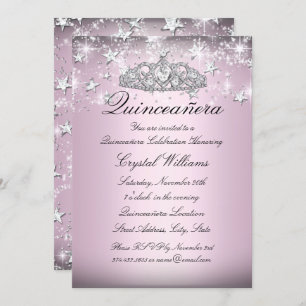 Pink Sparkle Tiara Stars Quinceanera Invitation