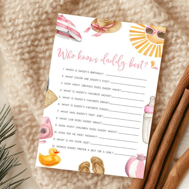 Pink Splish Splash Qui connaît le mieux papa Jeu (Girl Summer Beach Baby Shower Who Knows Daddy Best Game)
