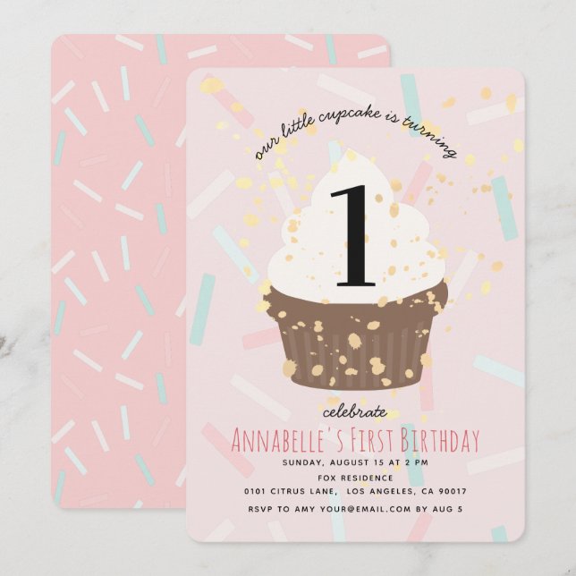Pink Sprinkings Cupcake Invitation d'anniversaire (Devant / Derrière)