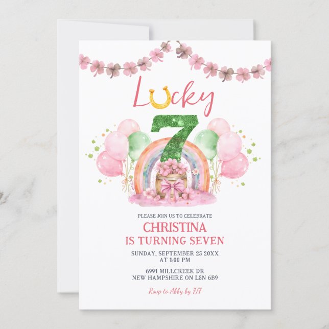 Pink St Patrick Lucky Seven Birthday Invitation (Devant)