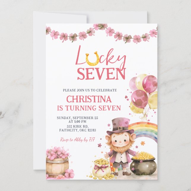 Pink St Patrick Lucky Seven Birthday Invitation (Devant)