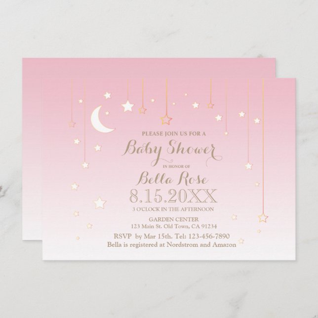 Pink star moon bébé fille baby shower invitation (Devant / Derrière)