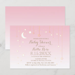 Pink star moon bébé fille baby shower invitation