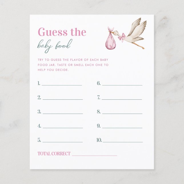Pink Stork Guess the Baby Food Baby shower Game (Devant)