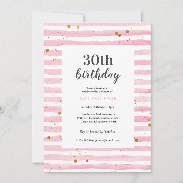 Pink Stripe Aquarelle Anniversaire Fête Invitation (Devant)