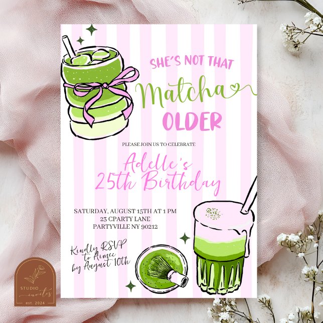 Pink Stripe Modern Matcha Birthday Invitation (Créateur téléchargé)
