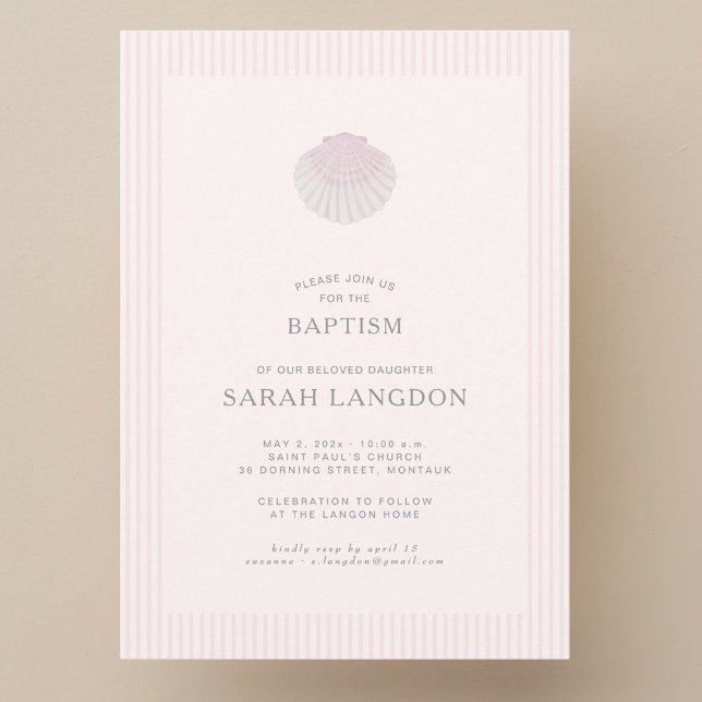 Pink striped coast shell baptism Invitation (Créateur téléchargé)