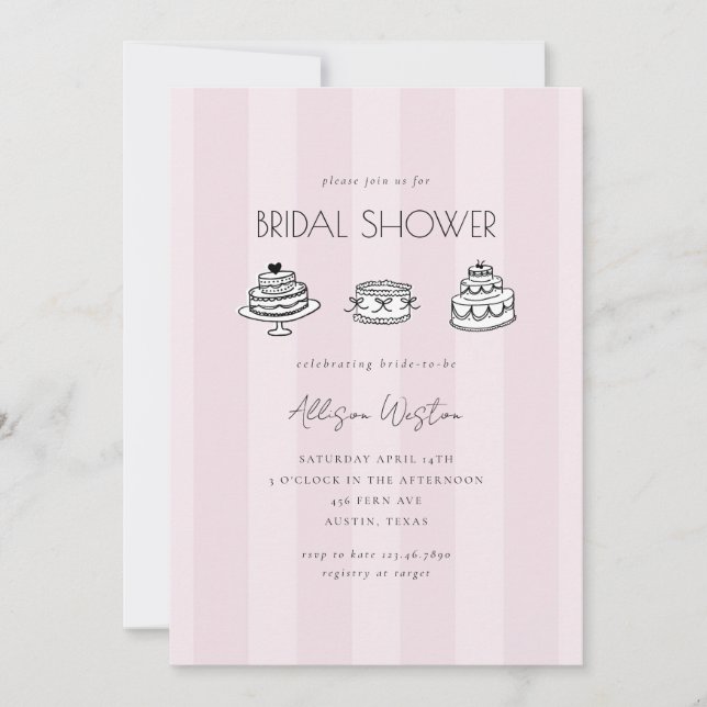 Pink Striped Vintage Cake Bridal Shower Invitation (Devant)