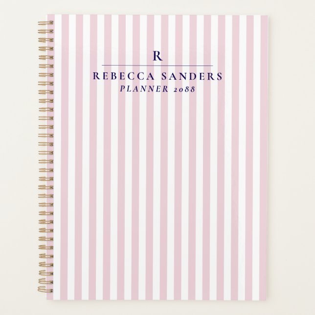 Pink Stripes, Elegant Monogrammed Planner (Devant)